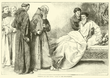 Wicliffe and the Monks, Scene in the Bed-Chamber (engraving)