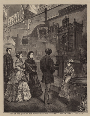 Visit of the Queen to the Working Men's International Exhibition, Agricultural Hall (engraving)