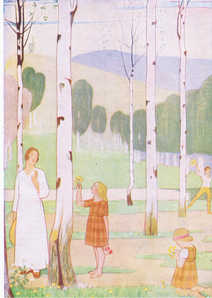 Sprintime by stream and woodland, illustration from My Magazine (Arthur Mee), c.1920-30 (colour litho)