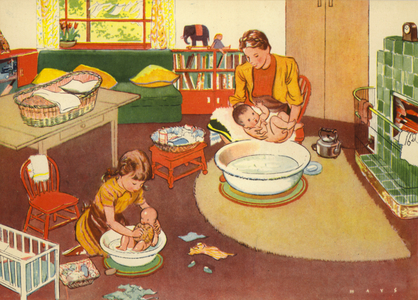 Bathing the babies (colour litho)