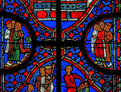 Window w11 depicting bystanders at St Andrew's burial (stained glass)