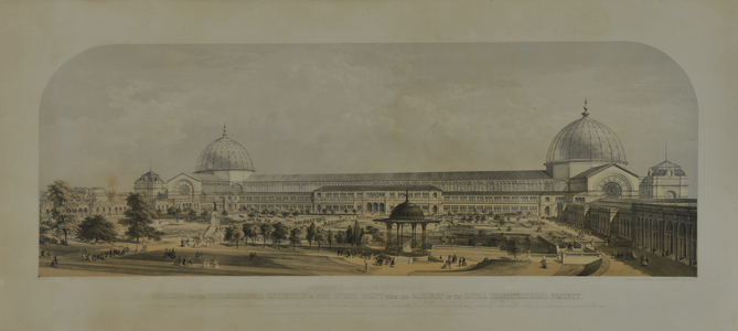 International Exhibition of 1862, North Front from the Gardens of the Royal Horticultural Society, 1862 (coloured lithograph)