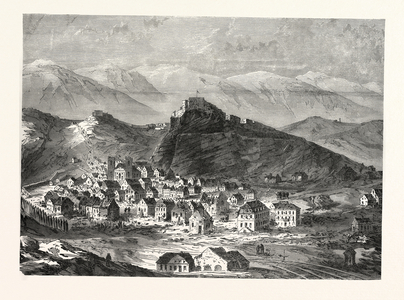 Franco-Prussian War: City and Fortress of Belfort after the Handover on 18 February 1871. From Left to Right: Fort La Miotte, Fort La Justice, Le Chateau, Fort Hautes-Perche, Fort Basses-Perche, France