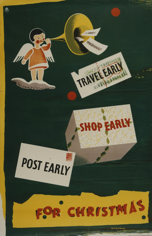 Travel early, shop early, post early for Christmas, 1950 (colour litho)