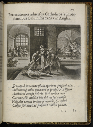 'The Scavenger's Daughter', page 75 from 'Theatrum Crudelitatum Haereticorum nostri temporis', by Richard Verstegan, c.1587 (engraving)