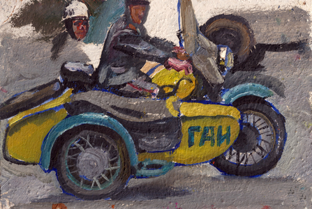 Traffic Police on a Motorcycle, Moscow, 1971 (oil on card)