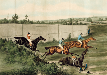 The Last Fence, representing the last Steeplechase which took place at the Hippodrome Race Course, Kensington, London  (coloured engraving)