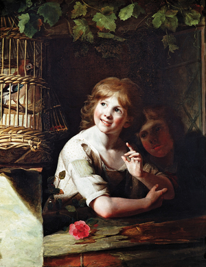 Two Girls with a Jay in a Cage (oil on canvas)