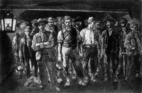 Miners in Decazeville, Aveyron, France, engraving by Bellenger, 19th century
