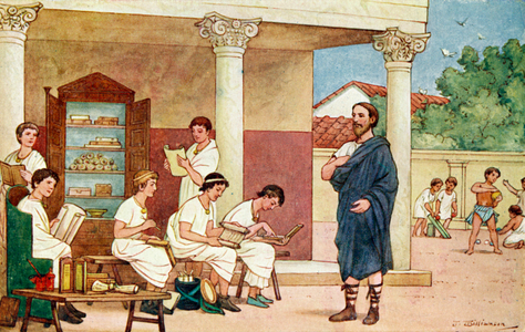 Postcard depicting a school during the Roman Empire (colour litho)