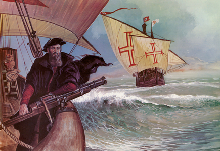 Vasco da Gama keeps watch as his ships round the Cape of Good Hope (colour litho)