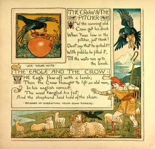 The Crow and the Pitcher the Eagle and the Crow, from 'The Baby's Own Aesop', 1887 (colour litho)