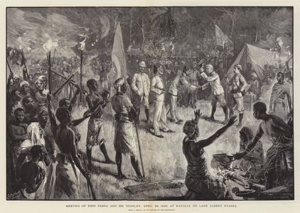 Meeting of Emin Pasha and Mr Stanley, 29 April 1888, at Kavalli, on Lake Albert Nyanza (engraving)