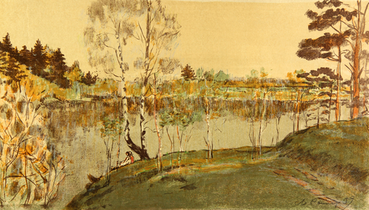 On the Msta River, 1959 (colour litho)