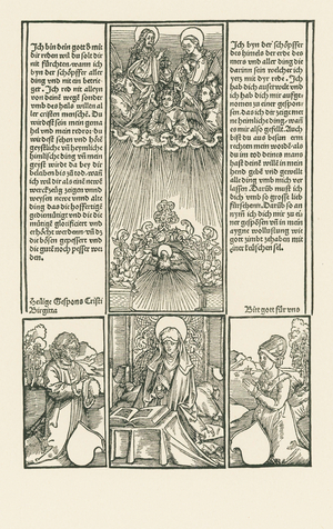 Saint Birgitta as intercessor, with a married couple praying, 1500 (woodcut)