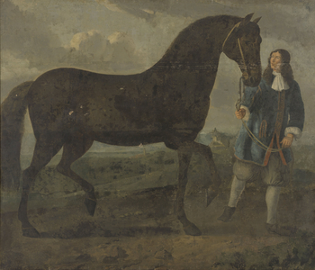 Zwart paard door een stalknecht geleid,  c.1670 (oil on canvas)