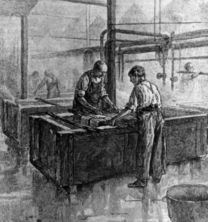Dyeing rooms in a silk mill, 1885