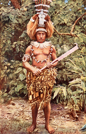Samoa: Island warrior in wartime dress (colour photo)