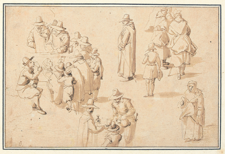 A fountain at Spa with studies of elegant figures taking the waters and of two monks and a priest (black chalk, pen & brown ink, with brown & grey wash on paper)