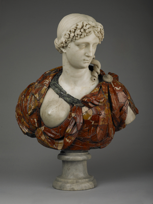 Bust of Diana, Probably Rome, Italy, c. 1650-1700 (white marble, rose jaspe du Var, verde antico marbles)