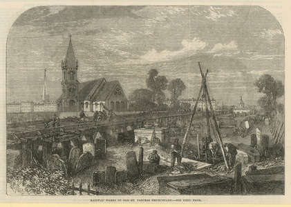 Railway works in Old St Pancras Churchyard (engraving)