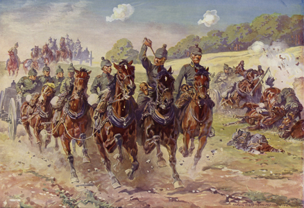 German Hussar battery under enemy fire (colour litho)