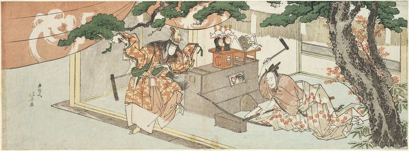 The Swordsmith Munechika and the God of Inari, 1805 (colour woodblock print; nagaban yoko-e surimono)