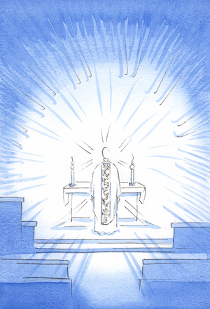 On the feast of the Visitation, Christ appeared, wearing a golden chasuble in honour of His Holy Mother Mary, 2002 (w/c on paper)