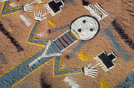 Navajo sand painting by Native American artist Grey Squirrel to bring rain., 1980 (photo)
