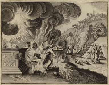 Nadab and Abihu consumed by fire for disobeying God's law (engraving)