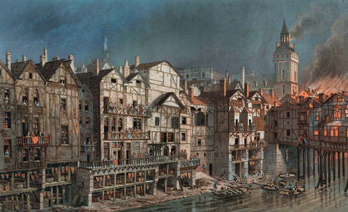 The island of the Cite in Paris in 19621 : fire in the bridge "Pont au change" (r), engraving by de Bayalos after a drawing by Hoffbauer, 19th century