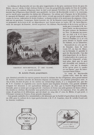 Chateau Beychevelle, 4e Cru Classe, A Saint-Julien, M Achille Fould, proprietaire (b/w photo)