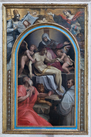 Deposition with Saints Girolamo and Francesco, c.1550-1600 (oil on panel)