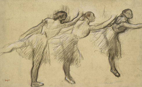 Three Studies of a Ballerina (charcoal rubbed and touched with pink and brown pastels on thin, yellowish, oiled paper, laid down on stiff paper)