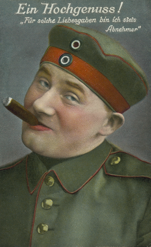 German First World War soldier enjoying a cigar (chromolitho)