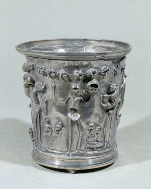 Skeletons, Menander holding a mask, Archilokos of Myrina playing the lyre …