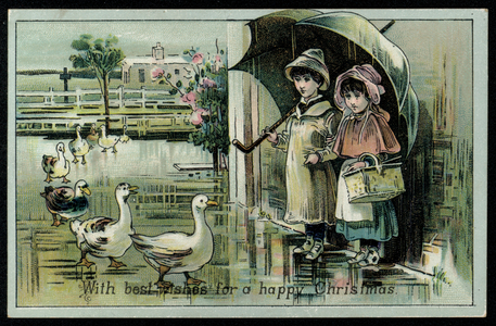 Children shelter under an umbrella, Christmas card (chromolitho)