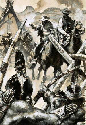 Cowboys and Indians at war (gouache on paper)