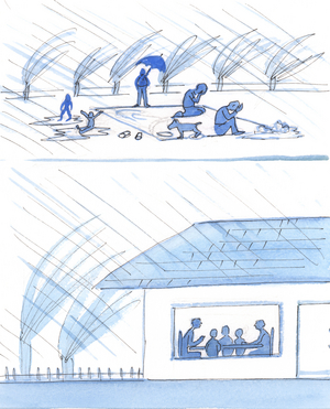 The family which has a roof over its head and a table to eat at is well prepared for everyday life and education, 2003 (w/c on paper)