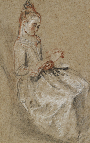 Girl seated with a Book of Music on her Lap (black, red, and white chalks on coarse-textured brown paper)