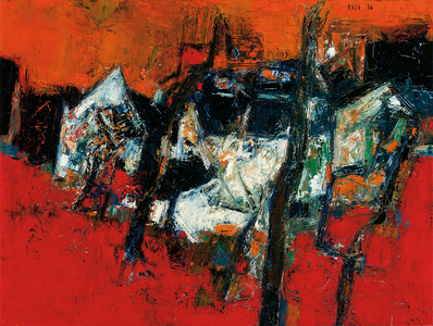 Village with Red Background, 1958 (oil on canvas)