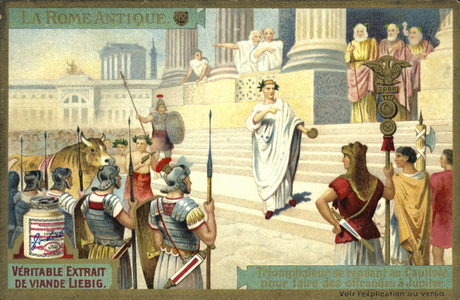 Victor visiting the Capitol to make offerings to Jupiter, Ancient Rome (chromolitho)
