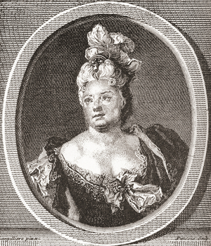 Marianne Duclos de Chateauneuf, 1664 - 1747. French comedienne.  From Les Heures Libres published 1908.