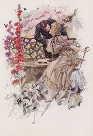 Man kissing a woman in a garden (colour litho)