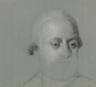 Head of a Man, Study for the Death of the Earl of Chatham, c.1779-1780 (charcoal, graphite, white chalk on grey paper) (recto)