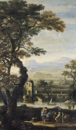 Shepherds on the bank of the river (oil on canvas)