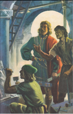 Alfred restores the ruins of London, illustration from King Alfred the Great published by Wills and Hepworth, 1959 (colour litho)