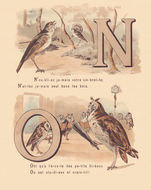 N O: Nightingale, nuptial, owl, orthography