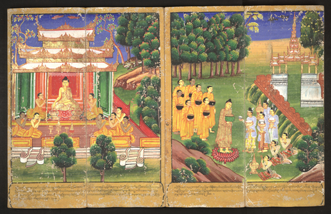 Buddha in monastery with 8 monks. Buddha on alms round, Burma, 18th century (watercolour)