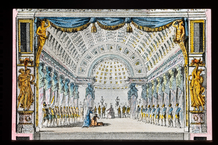The cross section of the theatre, audience side, detail of the proscenium, from 'L’Album de Marie - Antoinette. Vues et plans du Petit Trianon à Versailles ', 1781 (w/c, pen &ink)